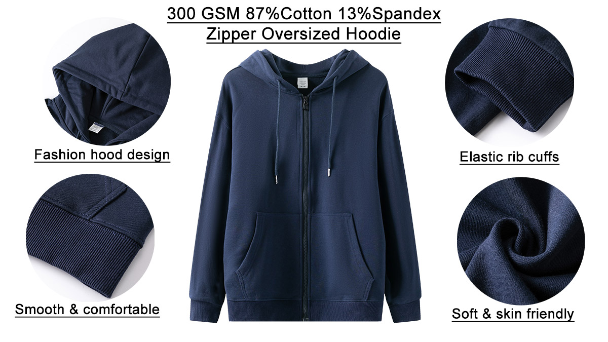 300GSM 87%Cotton 13%Spandex Oversize Mens Zip Up Hoodies