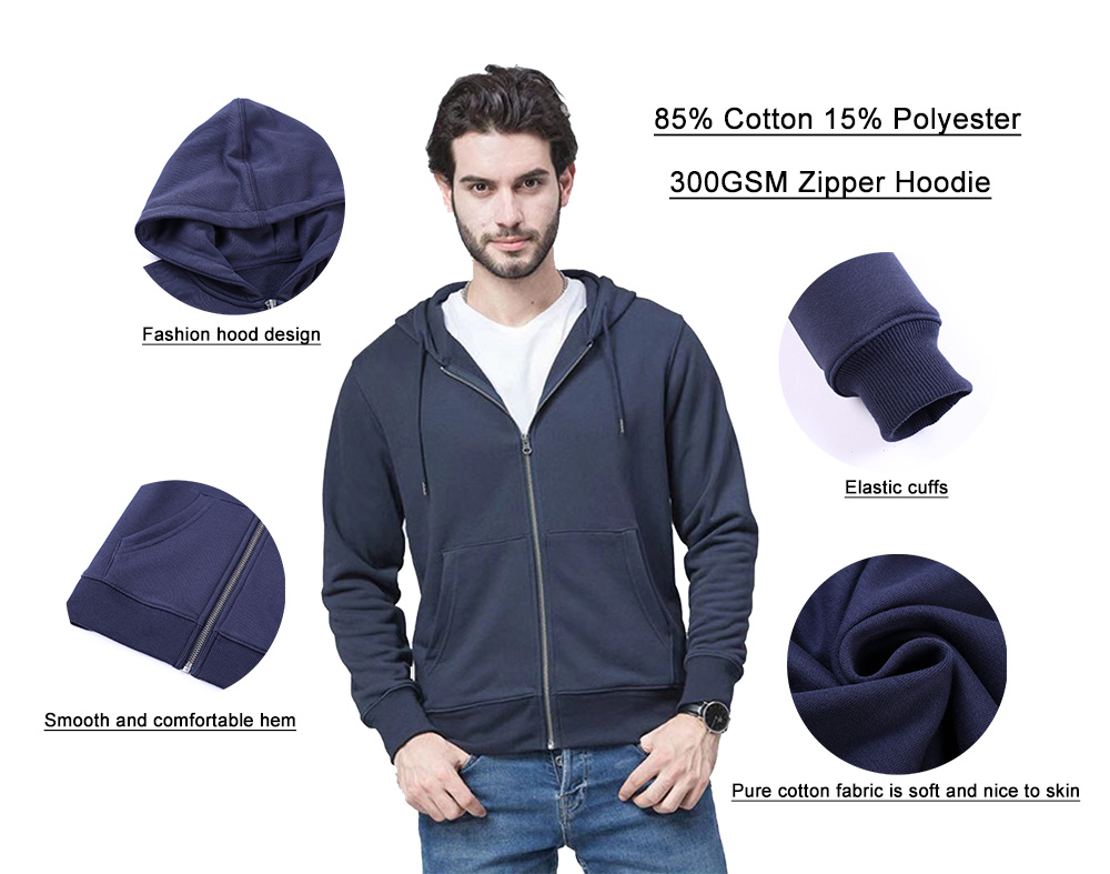 300GSM 85%Cotton 15%Polyester Premium Men Zip Up Hoodie