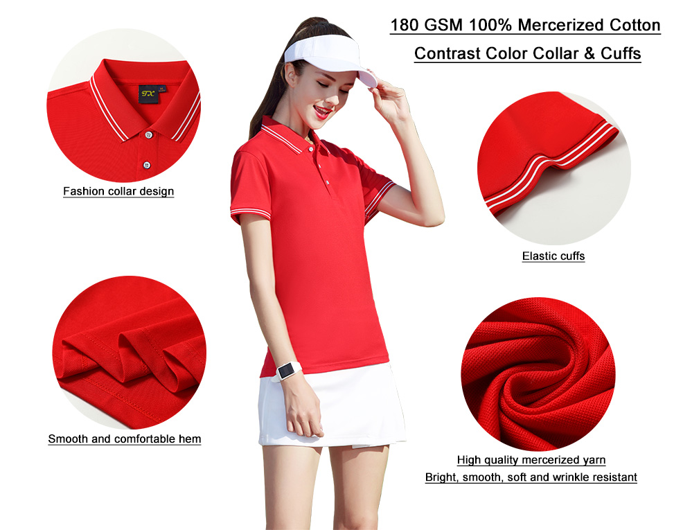 180GSM 100%Mercerized Cotton Women Polo Shirt Custom Logo