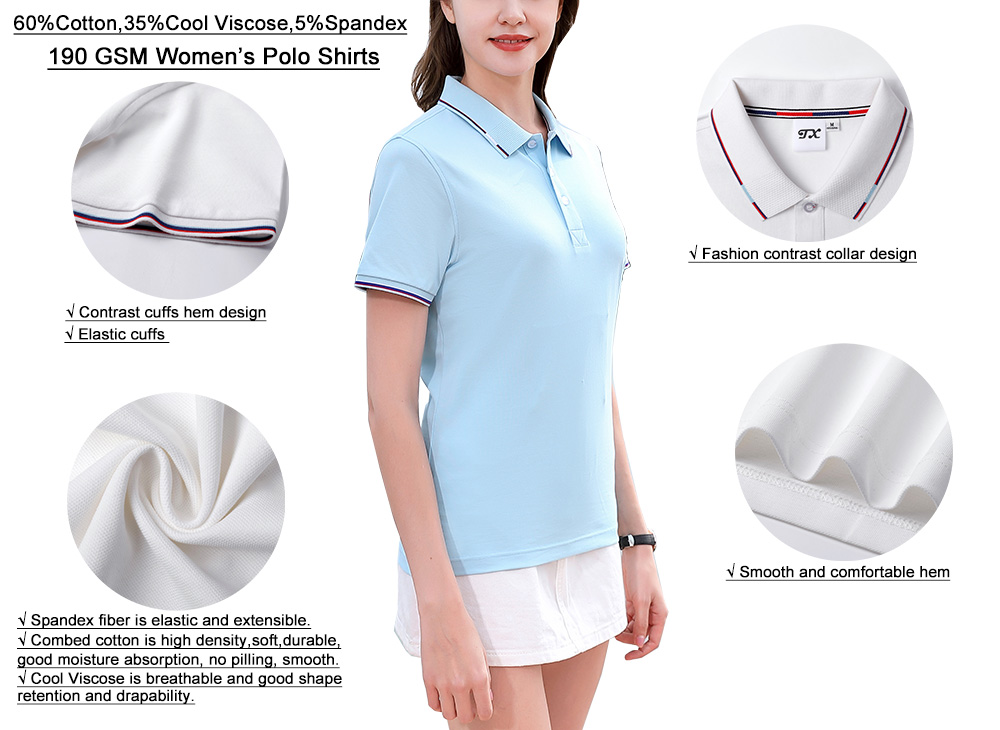 190GSM 60%Cotton 35%Viscose 5%Spandex Women Golf Clothing Polo