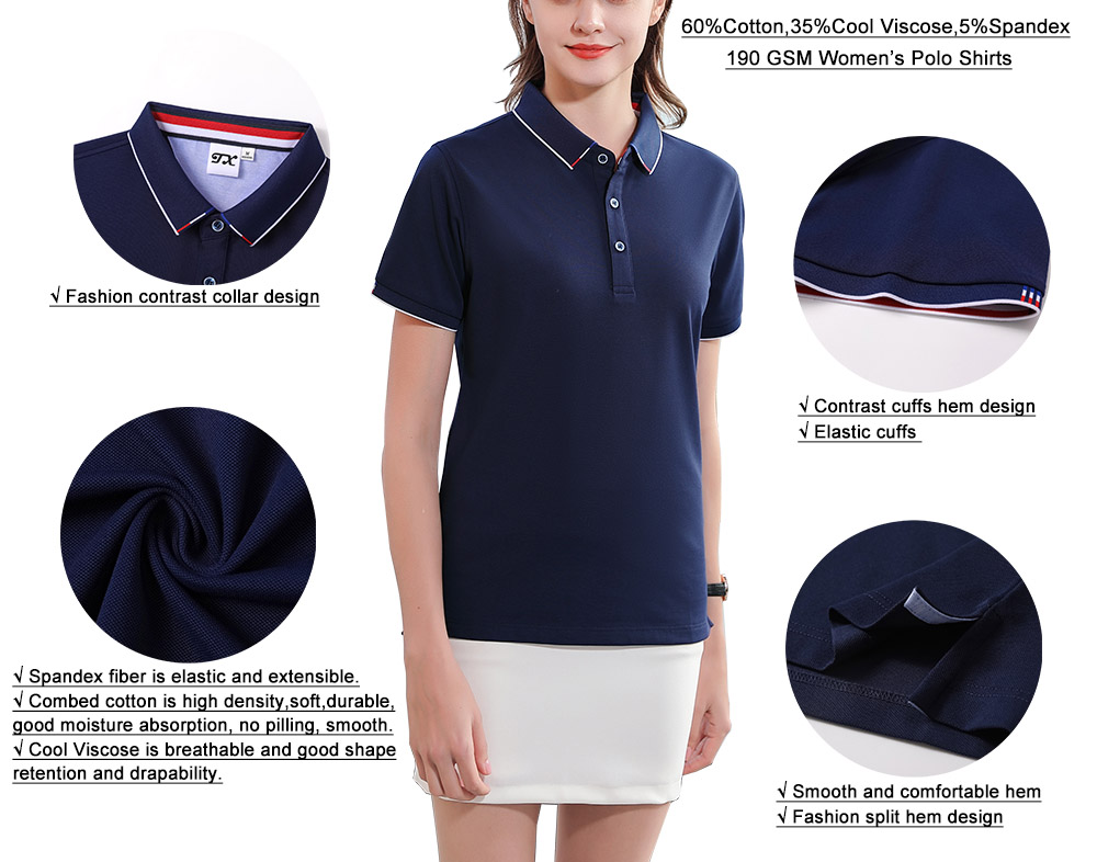 190GSM 60%Cotton 35%Viscose 5%Spandex Women Golf Shirts Polo