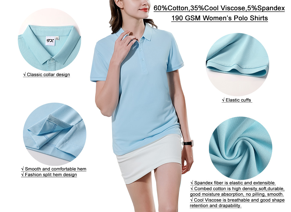 190GSM 60%Cotton 35%Viscose 5%Spandex Custom Ladies Polo Shirts