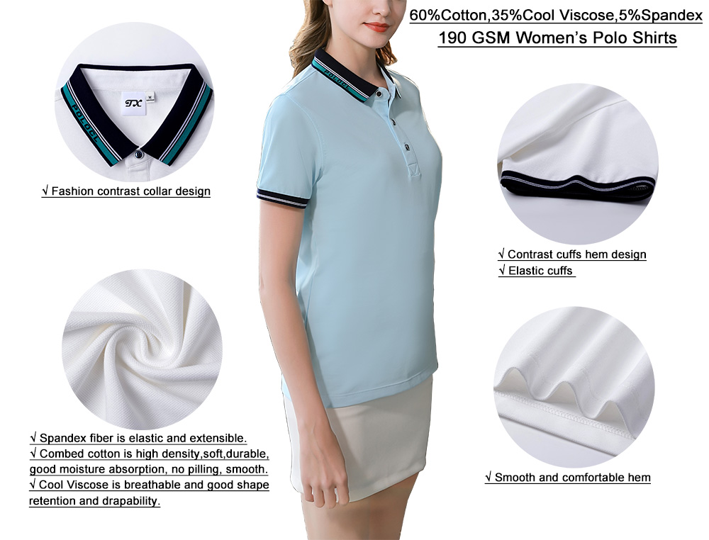 190GSM 60%Cotton 35%Viscose 5%Spandex Women Golf Polo Shirt