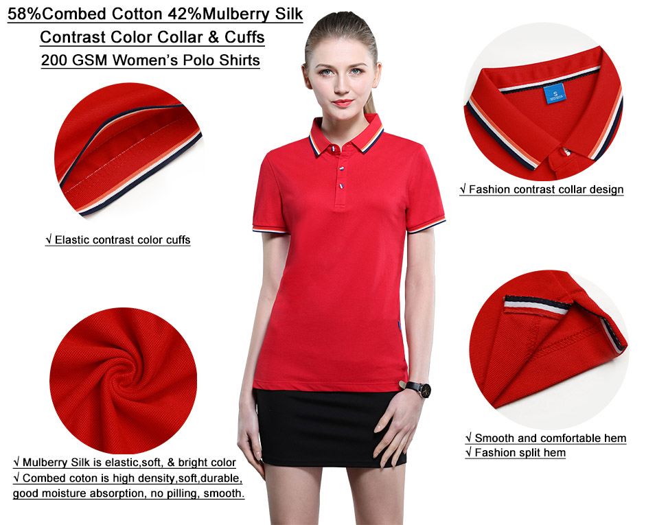 200GSM 58%Cotton 42%Mulberry Silk Women Golf Polo Shirt