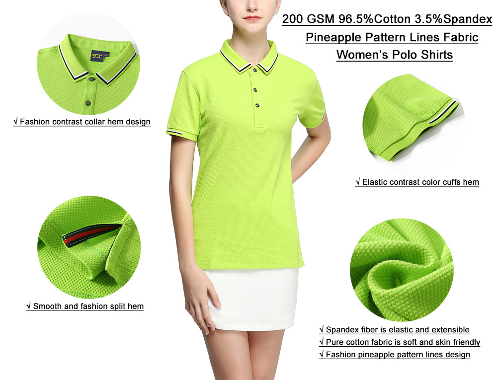 200GSM 96.5%Cotton 3.5%Spandex Womens Golf Polo Shirt