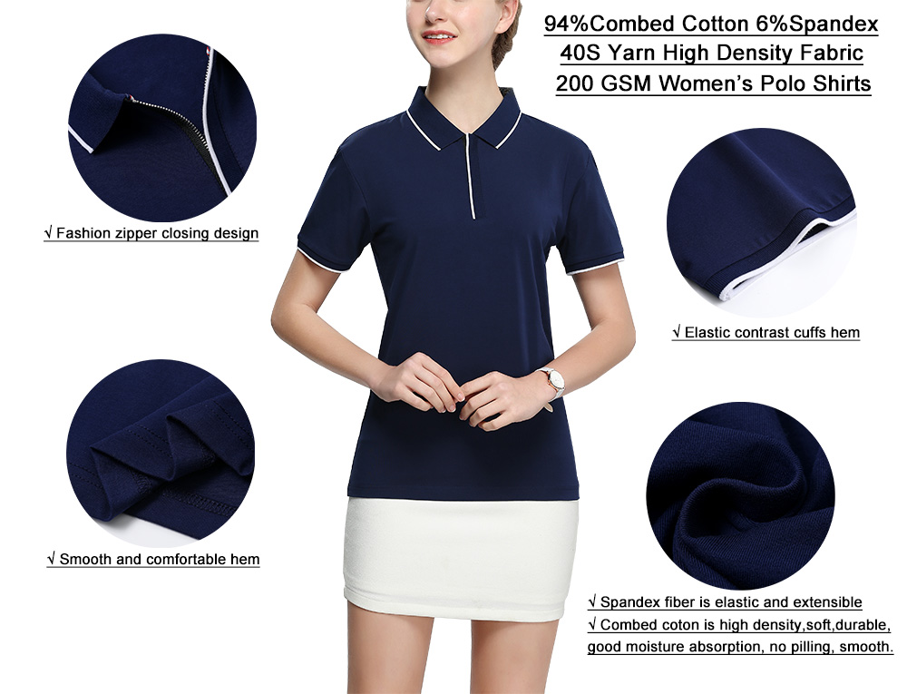 200GSM 94%Cotton 6%Spandex Zipper Polo Shirts Women