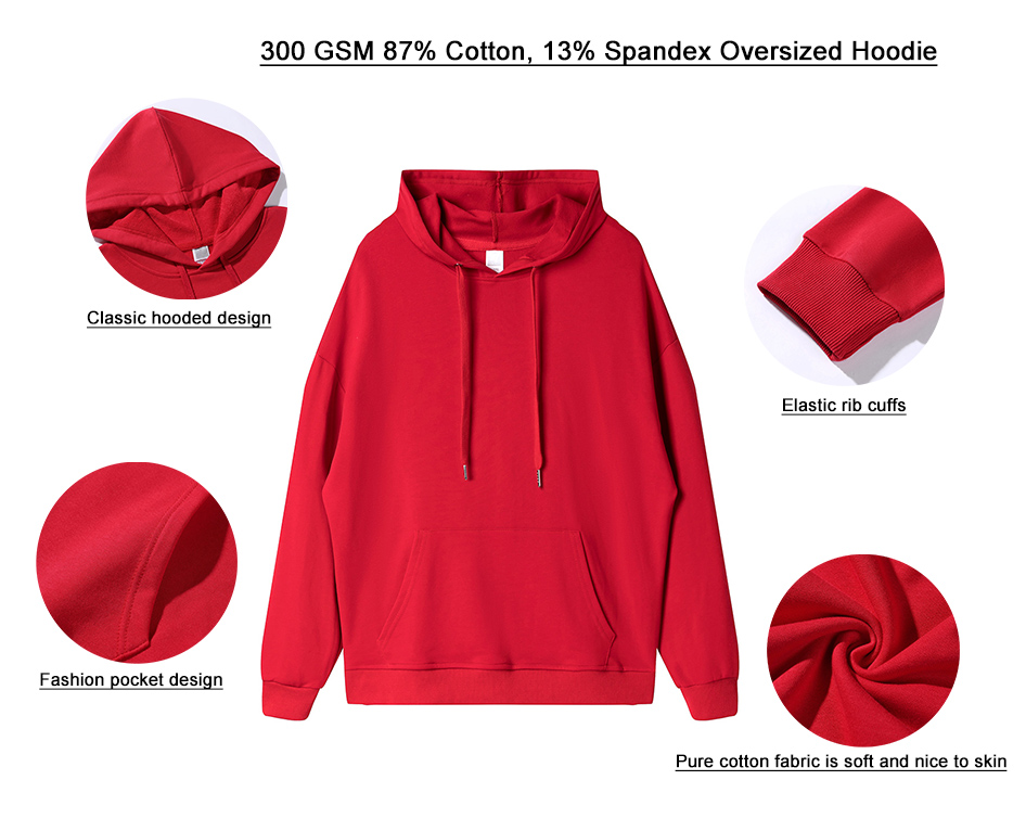 300GSM 87%Cotton 13%Spandex Unisex Oversize Hoodies Front Pocket