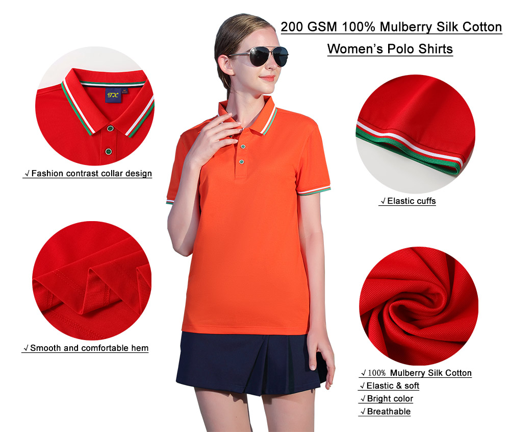 200GSM 100%Mulberry Silk Women's Polo Shirts Solid Color