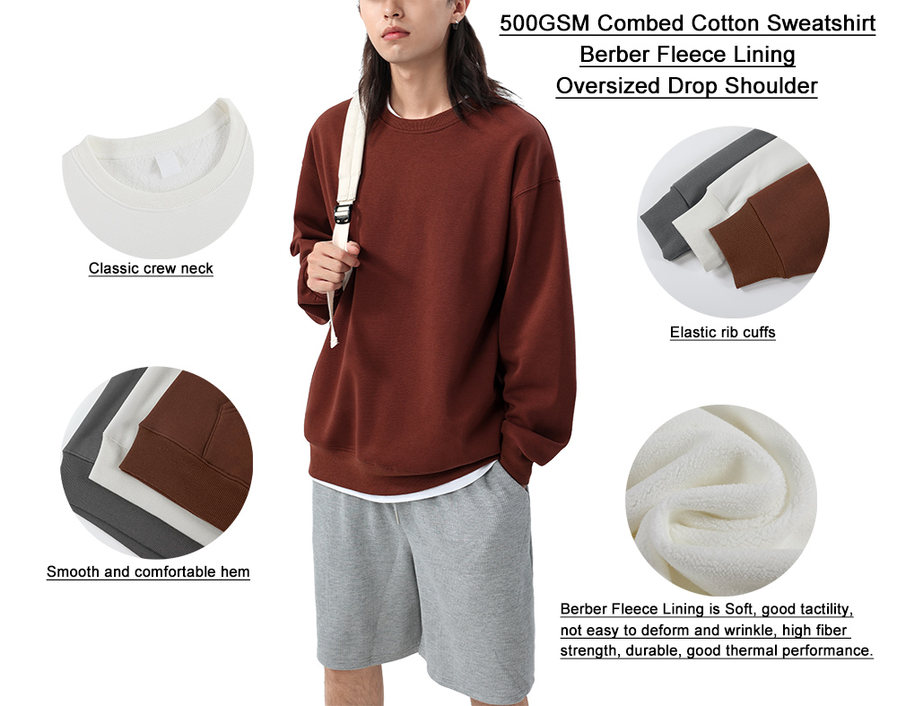 500GSM 100%Cotton Berber Fleece Lining Oversize Men Sweatshirt