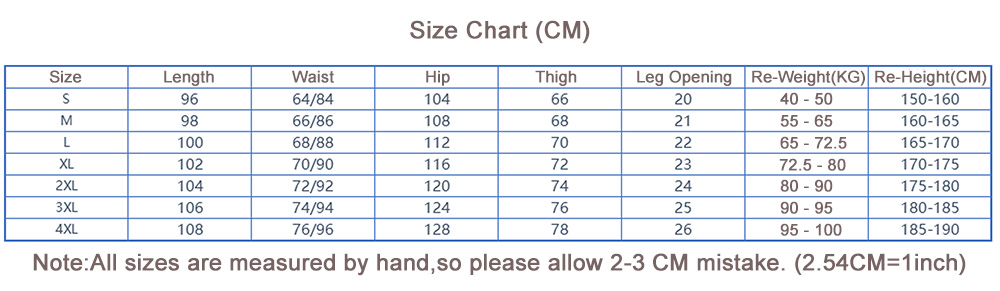 TX-C007 sweatpant size chart