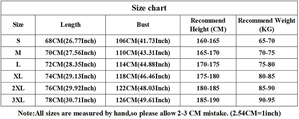 100g T shirt size chart